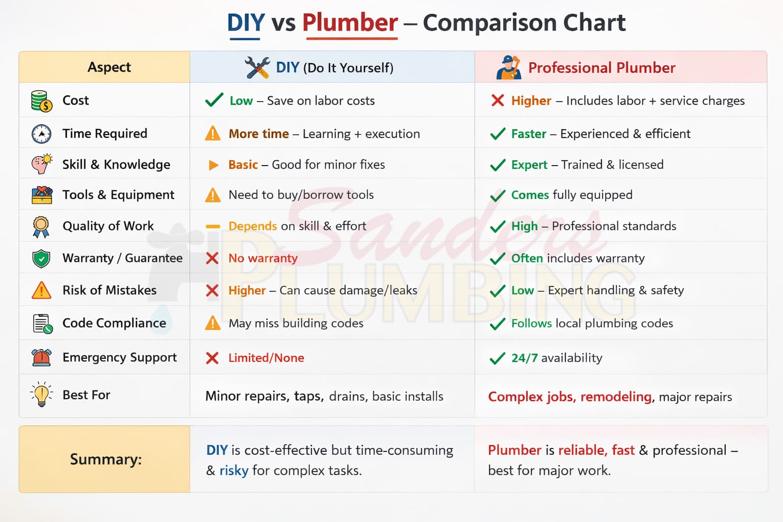 DIY vs Plumber Comparison Chart by Sanders Plumbing Company