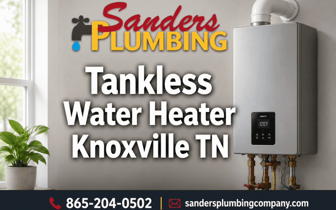 Sanders Plumbing tankless water heater advertisement with contact information.