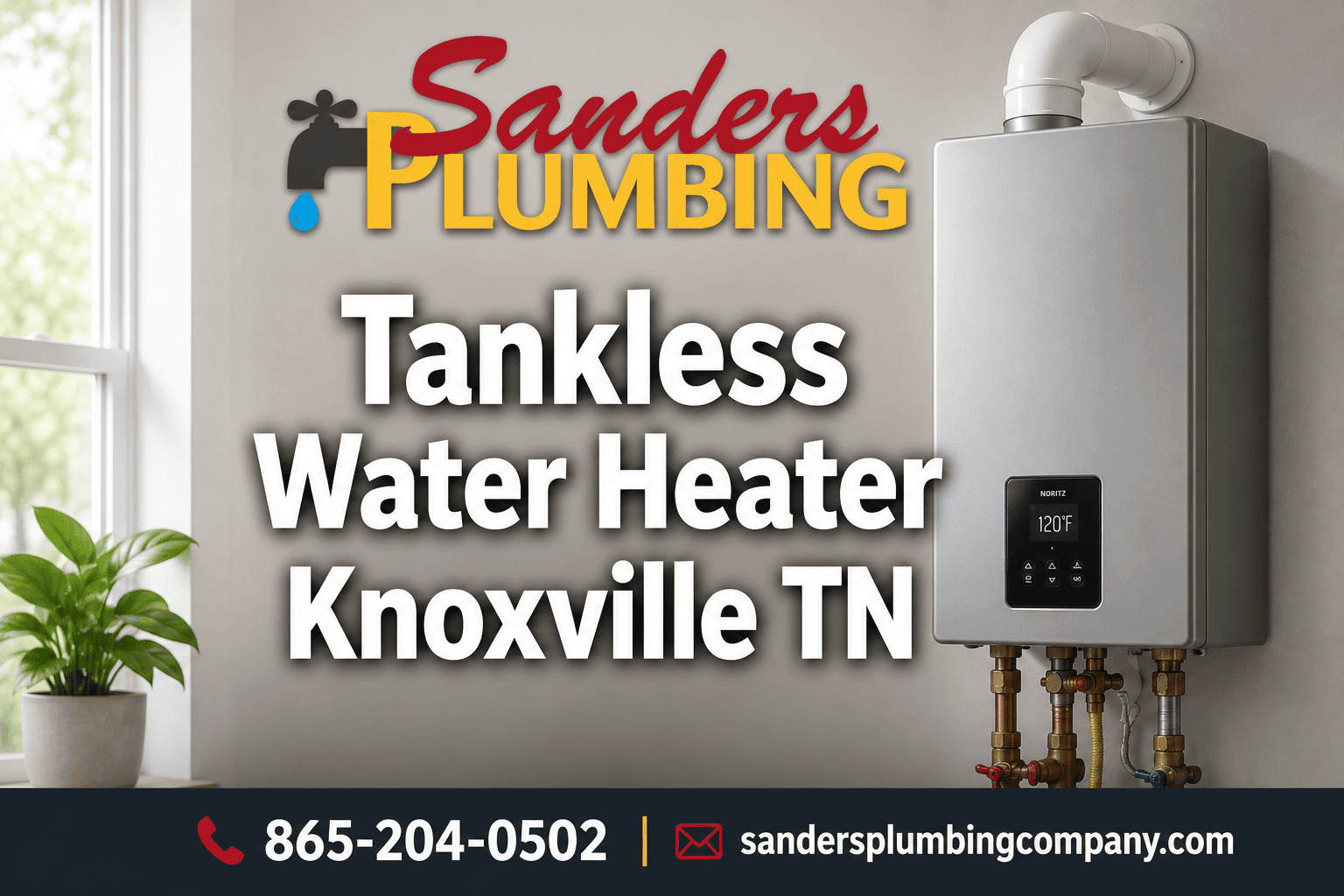 Sanders Plumbing tankless water heater advertisement with contact information.