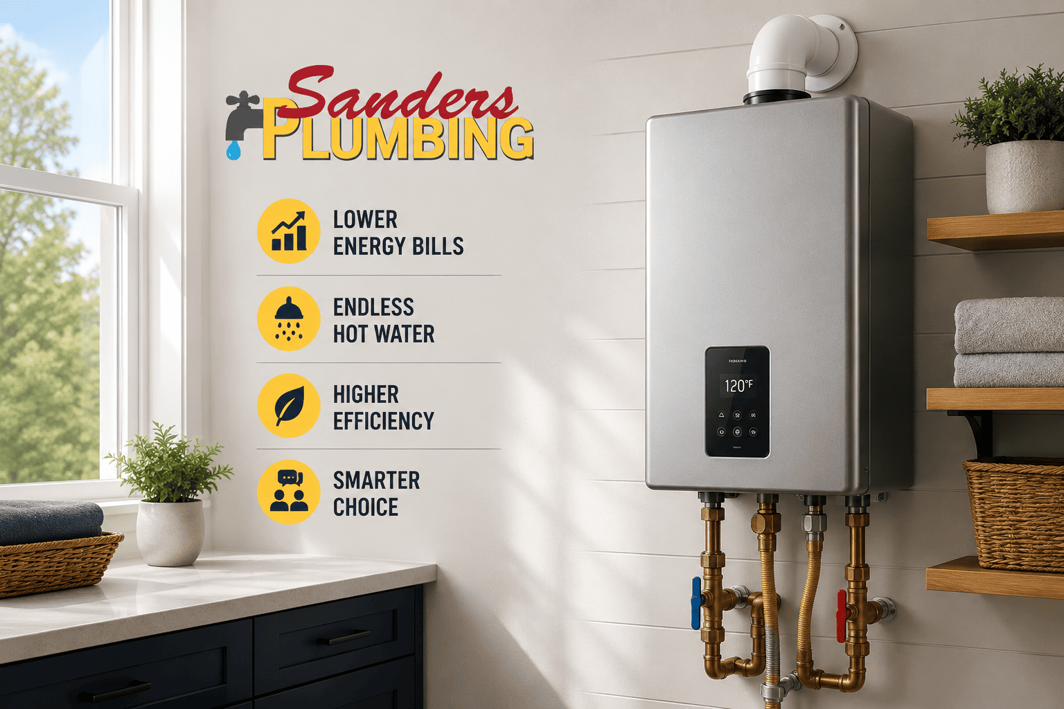 Tankless water heater installation with Sanders Plumbing logo and energy-saving benefitsTankless water heater installation with Sanders Plumbing logo and energy-saving benefits