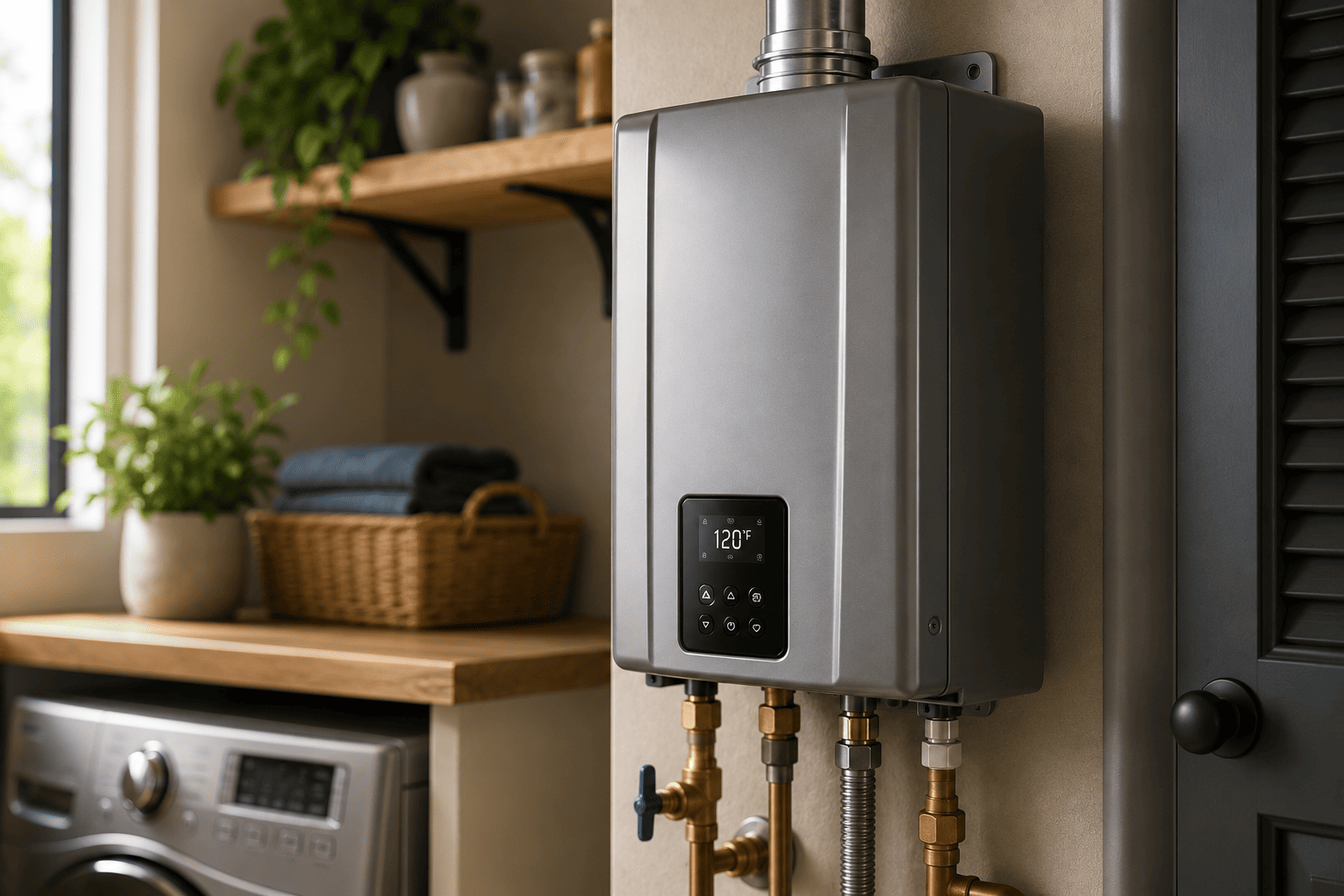 Tankless water heater installed in a modern laundry room with visible plumbing connections.