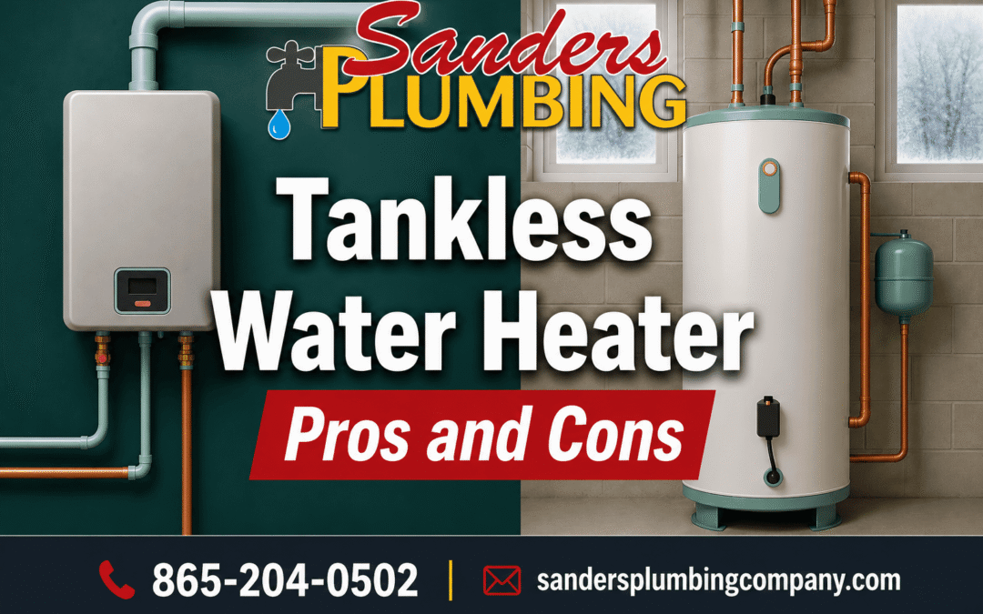 Tankless vs traditional water heater comparison graphic with Sanders Plumbing branding and contact information.