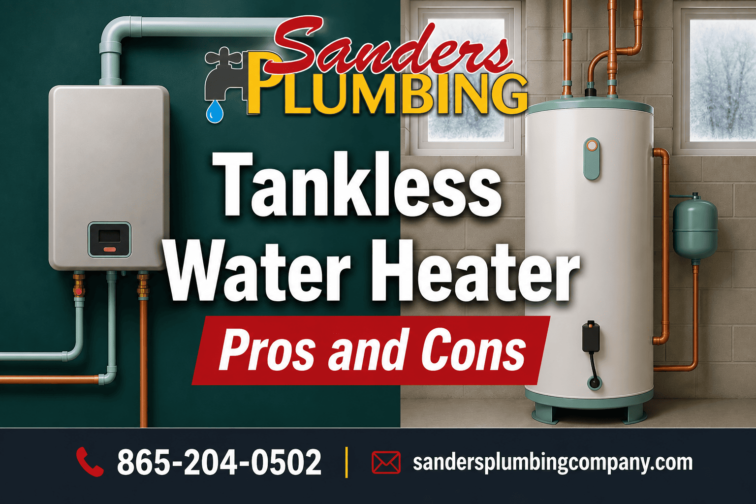 Tankless vs traditional water heater comparison graphic with Sanders Plumbing branding and contact information.
