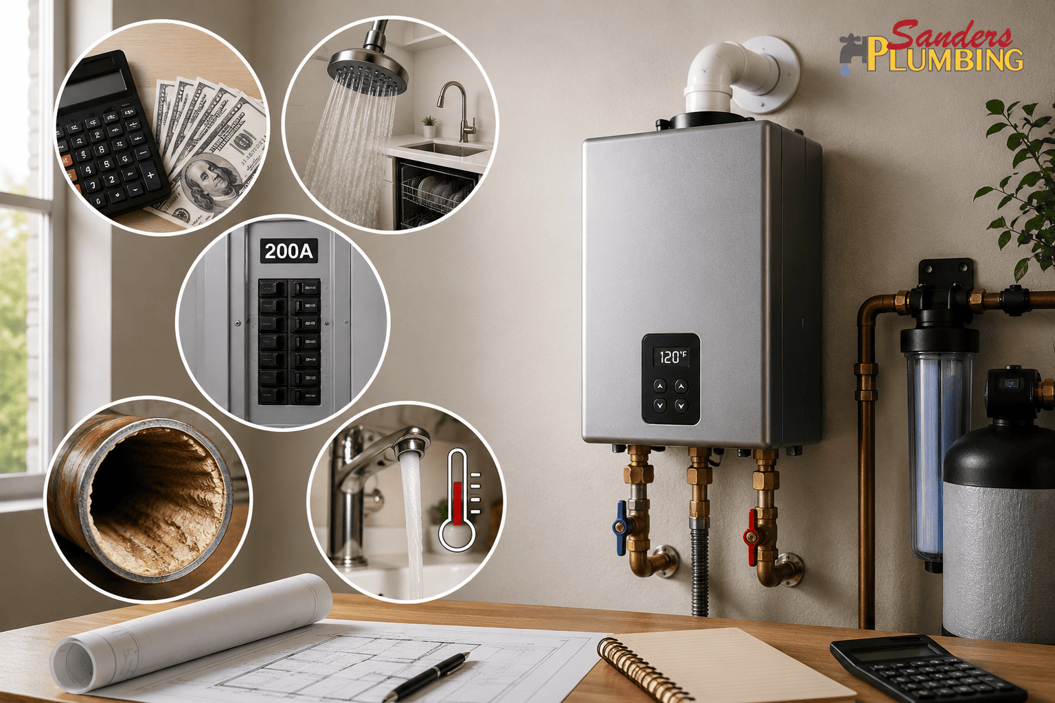 Tankless water heater installation graphic showing maintenance, electrical, and cost considerations.