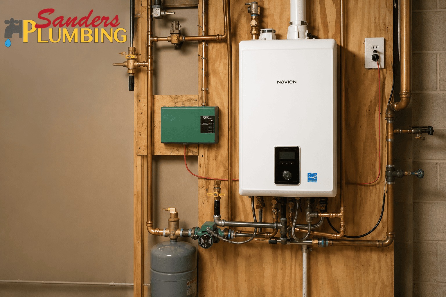 Tankless water heater installation with copper piping and Sanders Plumbing logo.