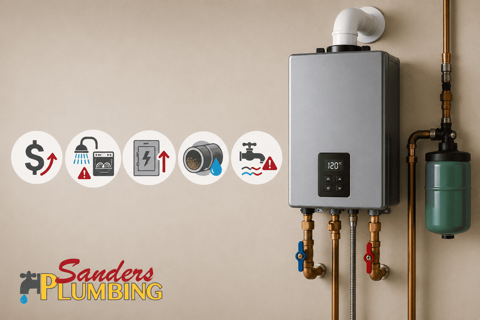 Tankless water heater graphic showing common maintenance and installation challenges.