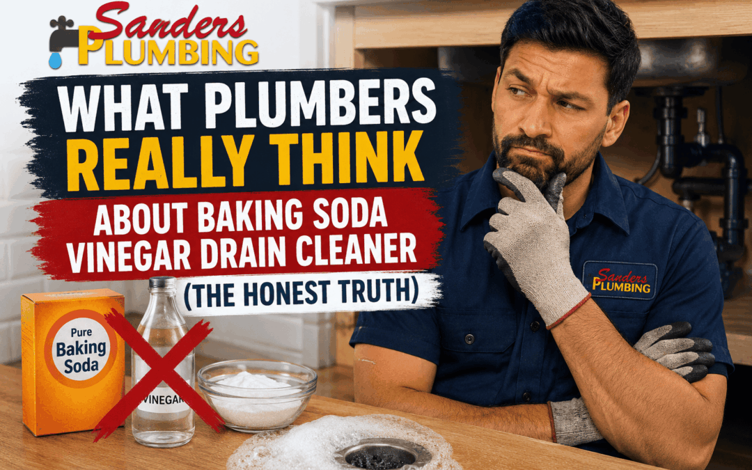 Featured blog image showing a thoughtful plumber in uniform beside plumbing pipes under a sink, with large headline text reading ‘What Plumbers Really Think About Baking Soda Vinegar Drain Cleaner (The Honest Truth)’ and baking soda and vinegar products crossed out in the foreground.