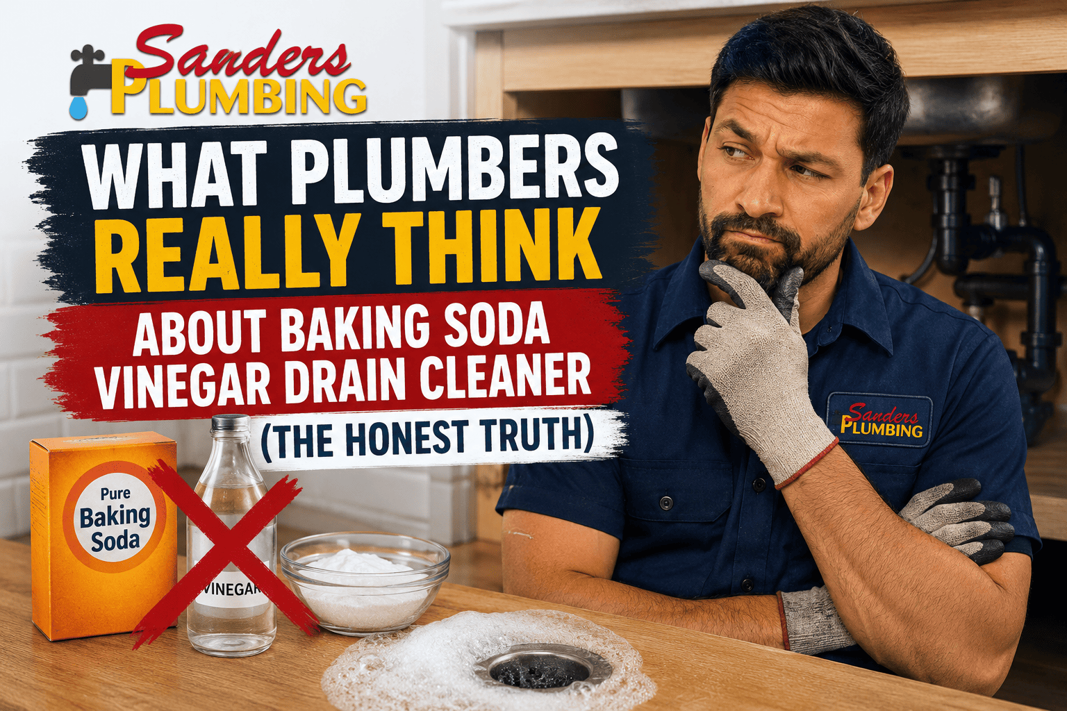 Featured blog image showing a thoughtful plumber in uniform beside plumbing pipes under a sink, with large headline text reading ‘What Plumbers Really Think About Baking Soda Vinegar Drain Cleaner (The Honest Truth)’ and baking soda and vinegar products crossed out in the foreground.