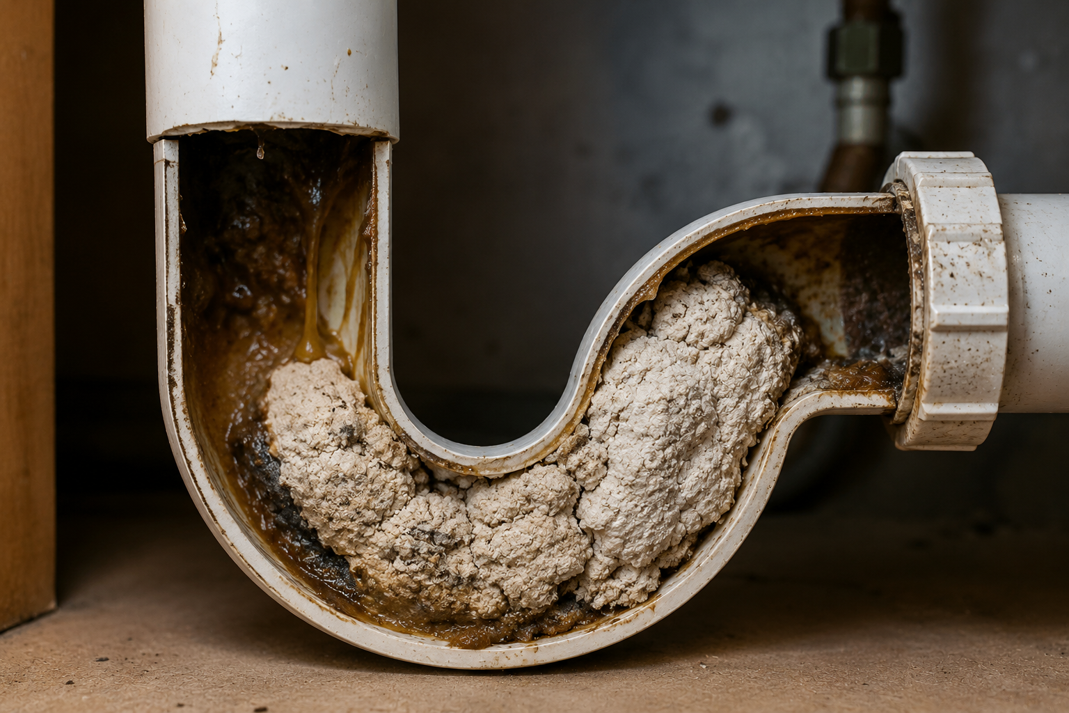 Close-up cutaway view of a clogged white PVC sink drain pipe filled with hardened baking soda residue, grime, and sludge buildup inside the P-trap under a sink.