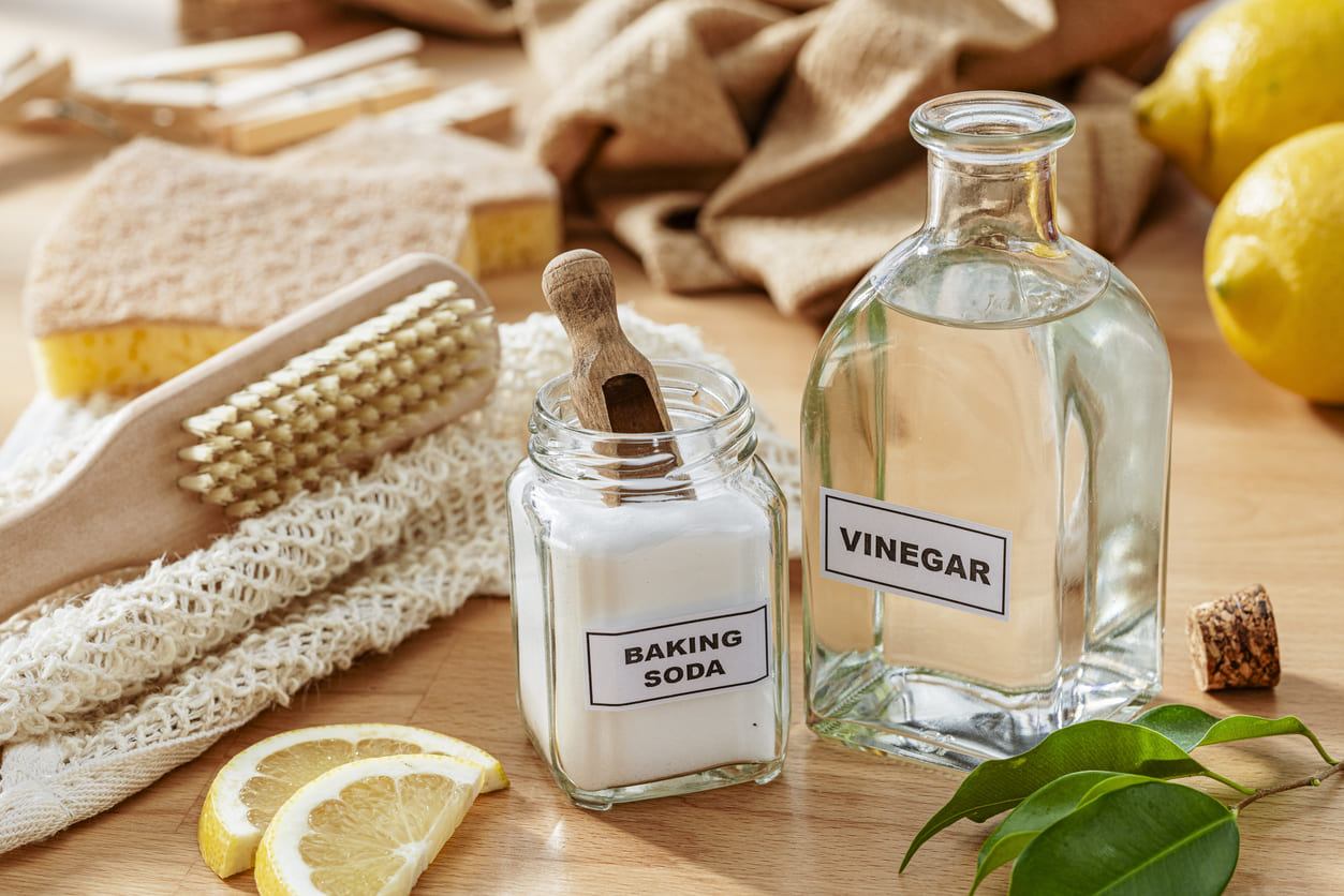 Glass bottles labeled baking soda and vinegar on a wooden countertop surrounded by natural cleaning supplies, including lemons, a scrub brush, sponge, and cloth towels.