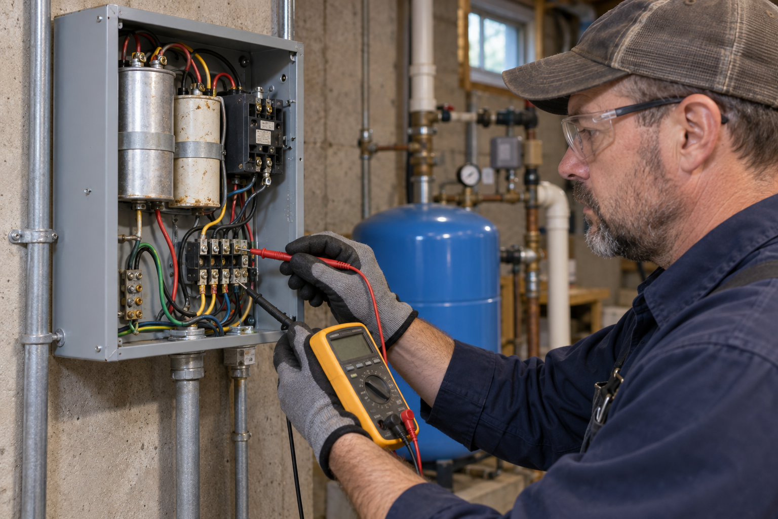 Technician inspecting a submersible well pump control box for common electrical problems
