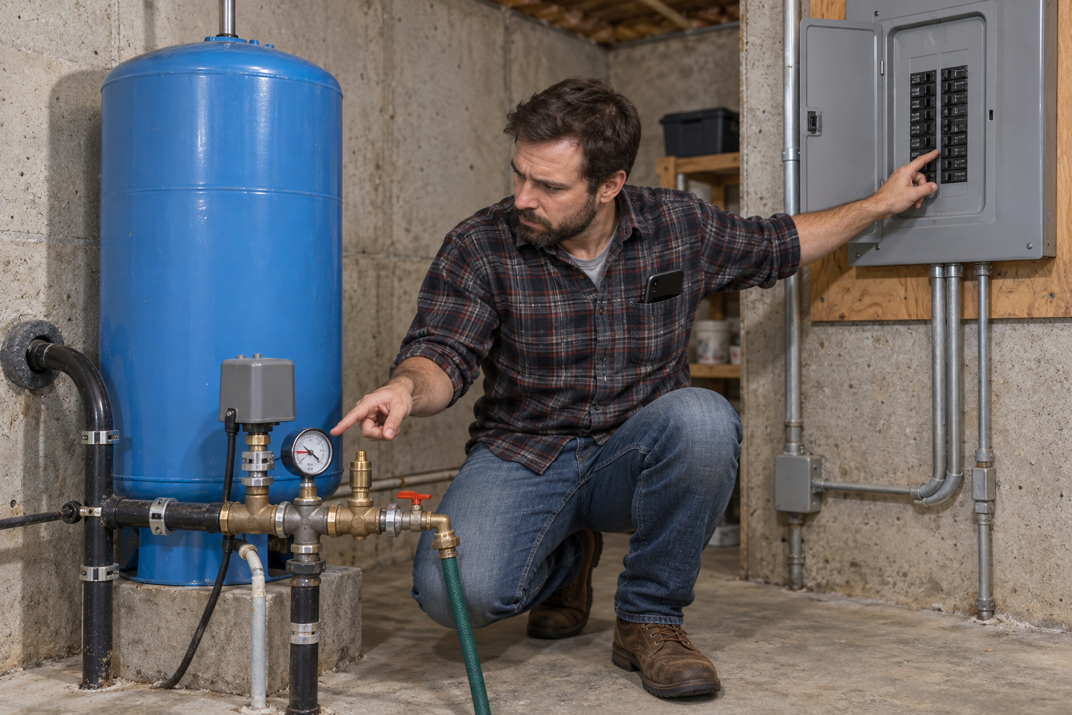 Homeowner checking the well pump pressure gauge and circuit breaker before requesting submersible pump repair